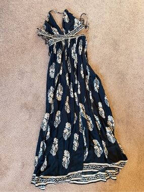 Navy Floral Maxi Dress with Ivory Print